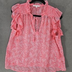 Olivaceous Womens Medium Shirt Vneck Tassels Pink Floral Coquette Ruffles Sheer